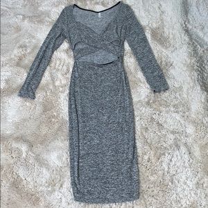 Grey long sleeve knee length cutout dress